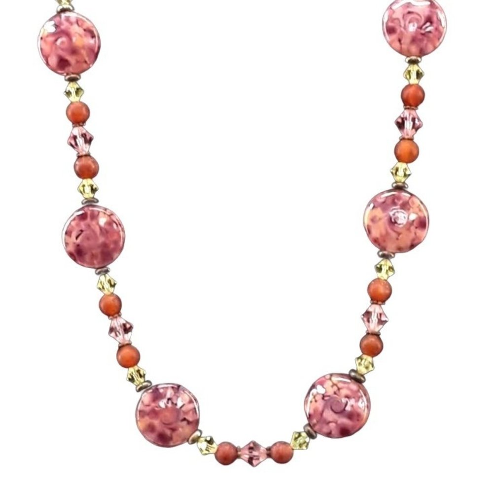 Purple and Pink Glass Bead Necklace Round Flat Circles Beaded